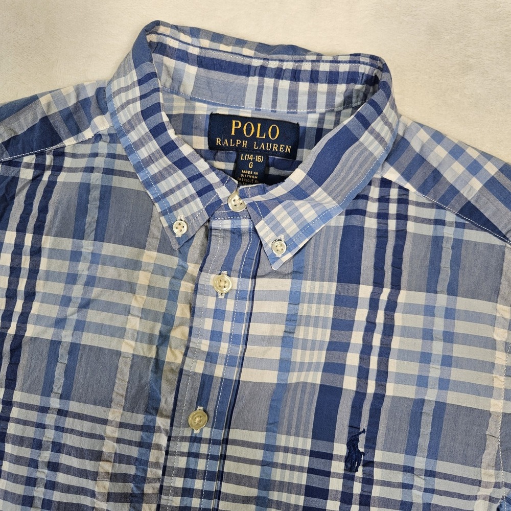 Polo Ralph Lauren Boys Performance Blue Plaid Shirt‎ Size L 14-16 Preppy Casual - Picture 2 of 7